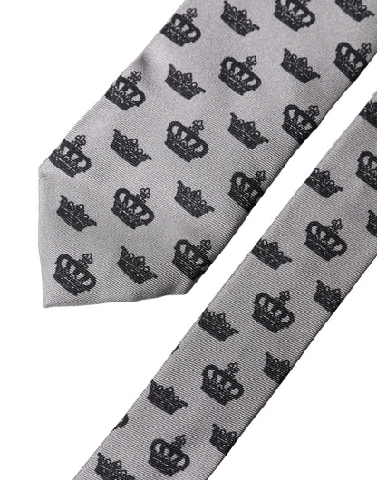 Dolce & Gabbana Gray Crown Fantasy Silk Adjustable Necktie