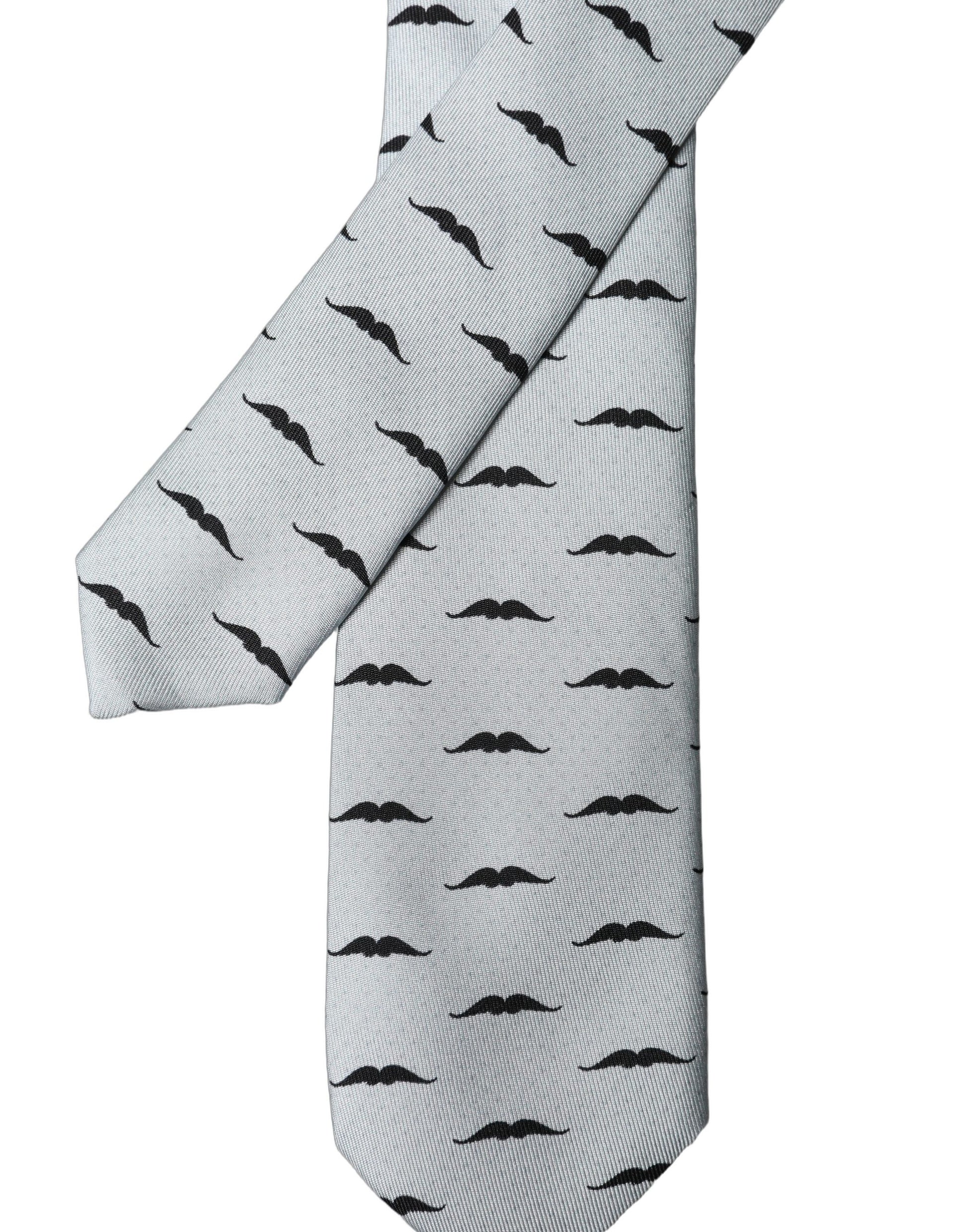 Dolce & Gabbana Light Gray Mustache Fantasy Silk Adjustable Necktie
