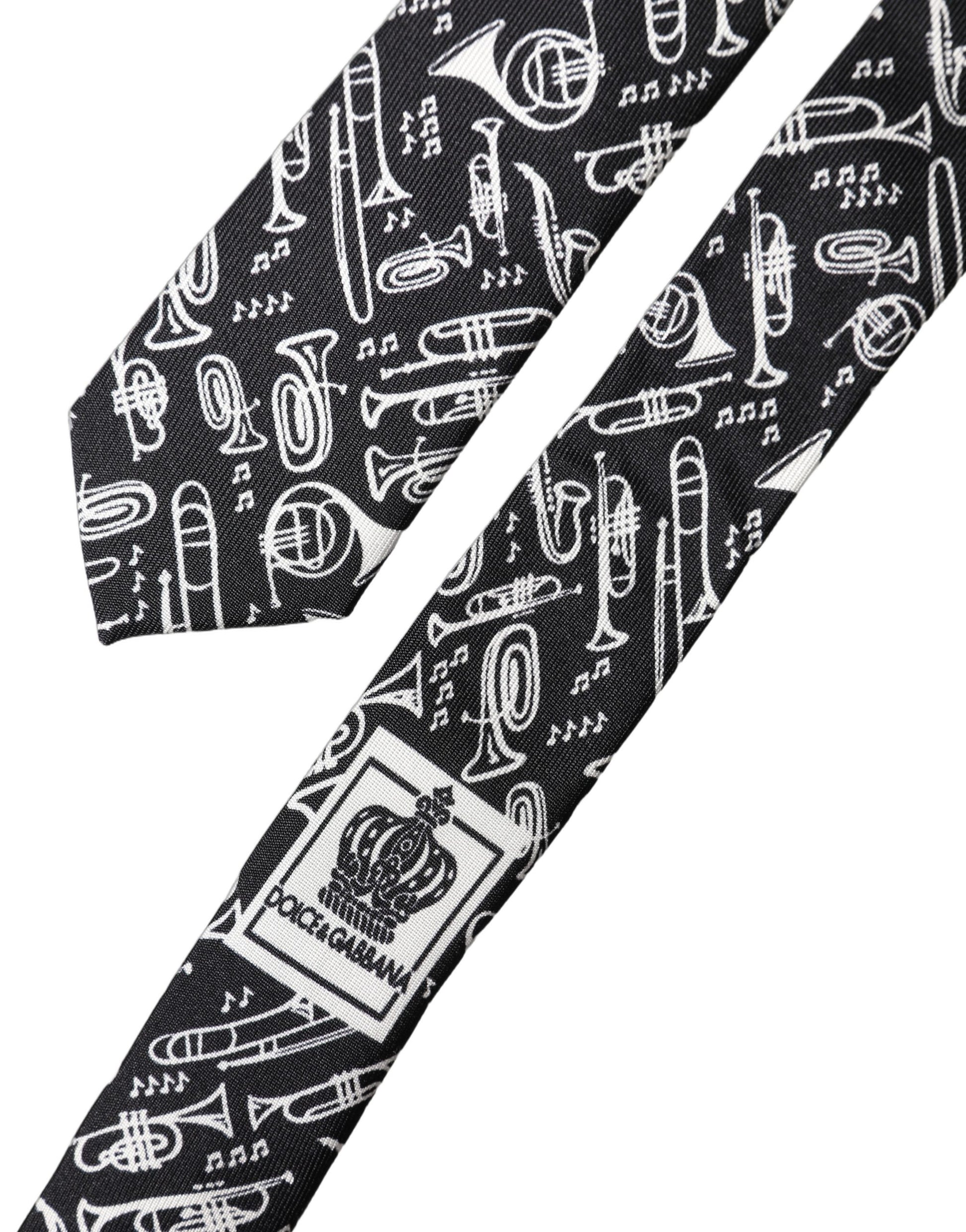 Dolce & Gabbana Black Trumpet Print Silk Adjustable Necktie