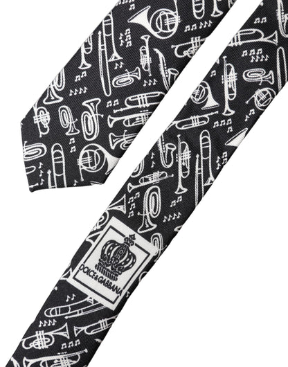 Dolce & Gabbana Black Trumpet Print Silk Adjustable Necktie
