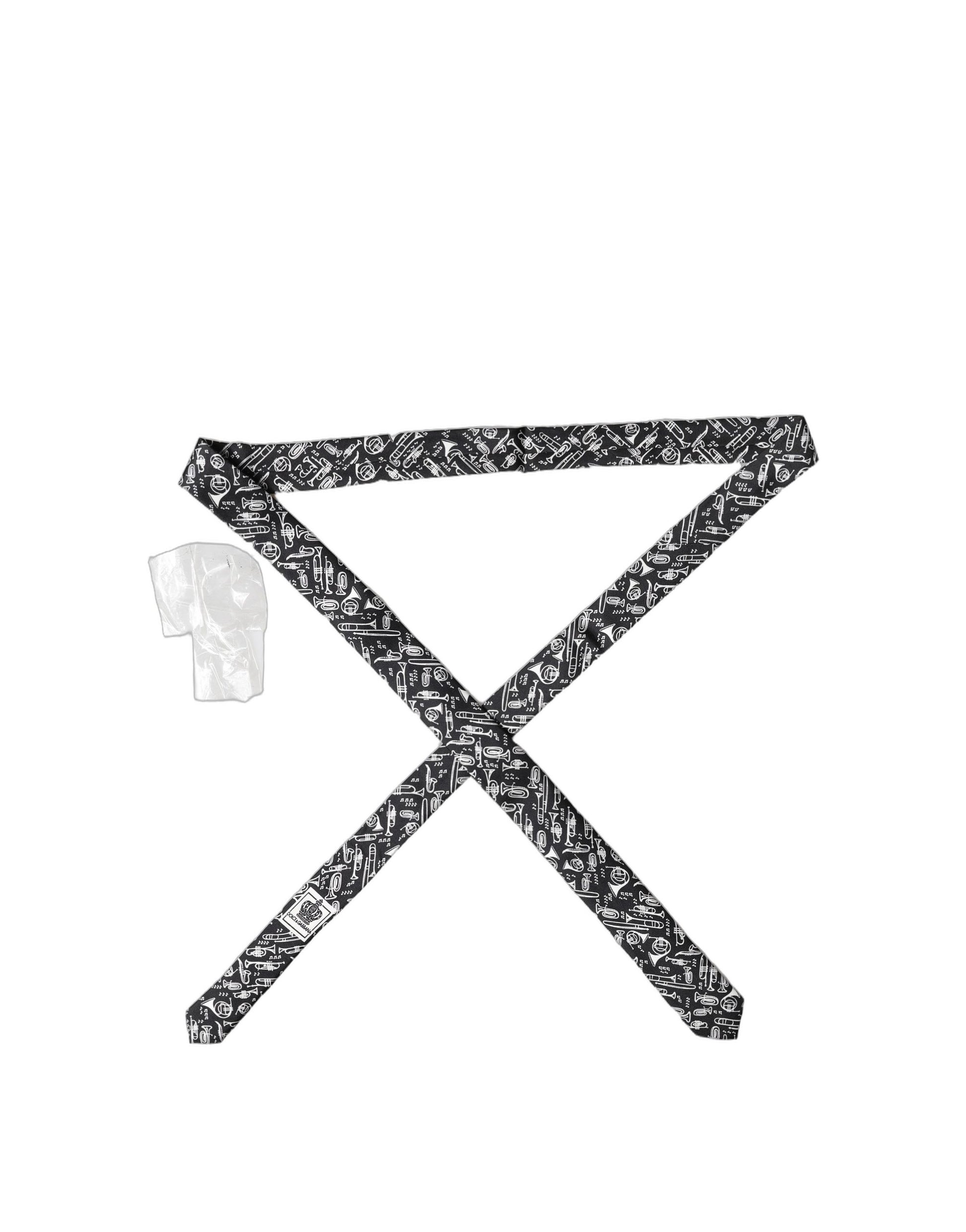 Dolce & Gabbana Black Trumpet Print Silk Adjustable Necktie