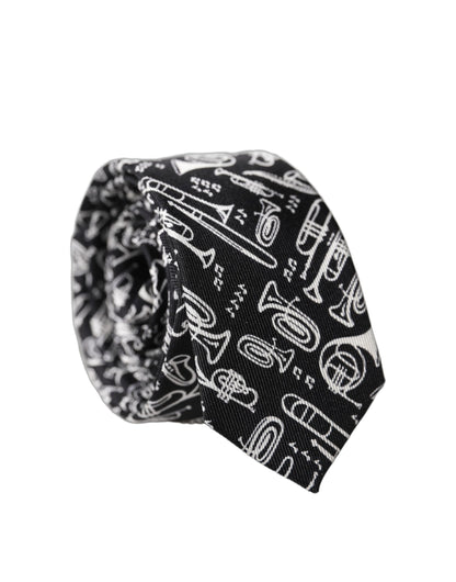 Dolce & Gabbana Black Trumpet Print Silk Adjustable Necktie