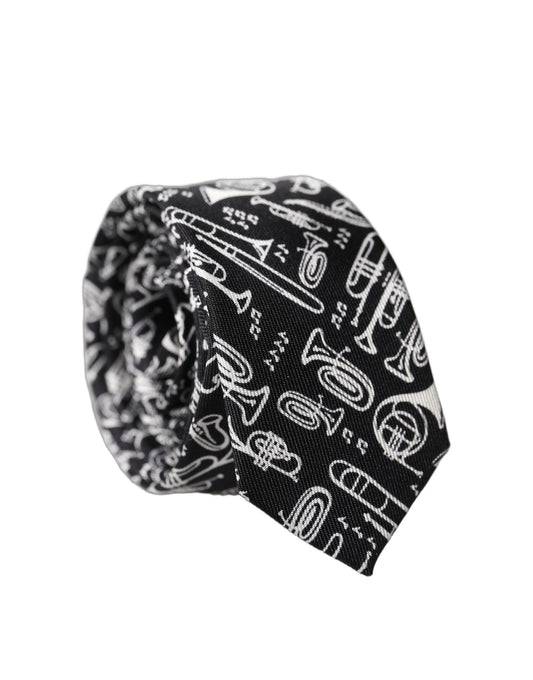 Dolce & Gabbana Black Trumpet Print Silk Adjustable Necktie