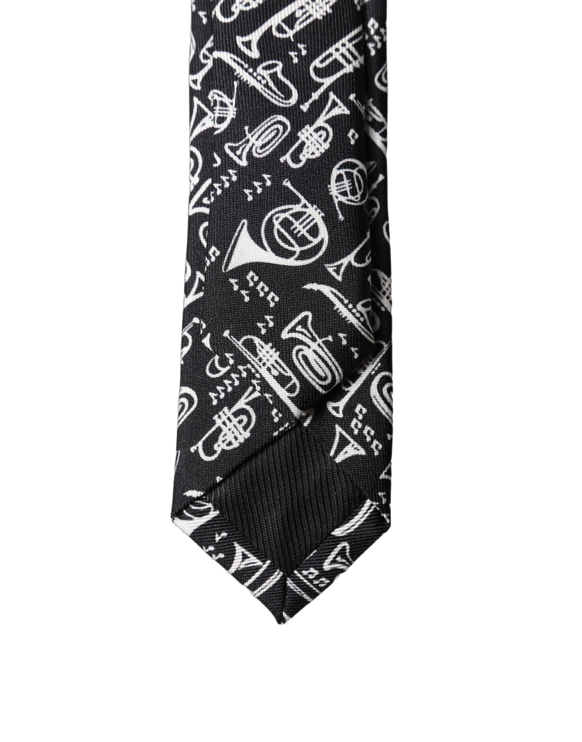 Dolce & Gabbana Black Trumpet Print Silk Adjustable Necktie