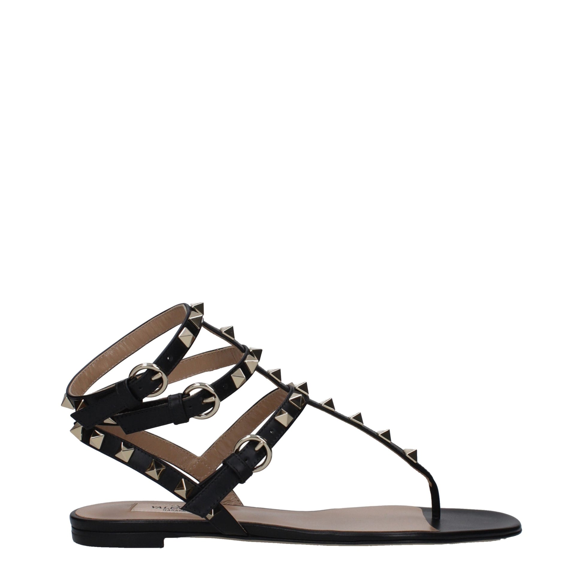 Valentino Garavani Black Leather Gladiator Rockstud Flat Sandals