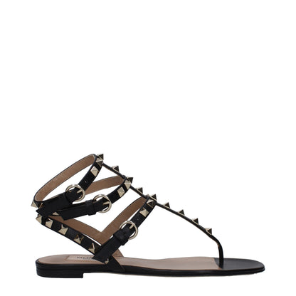 Valentino Garavani Black Leather Gladiator Rockstud Flat Sandals