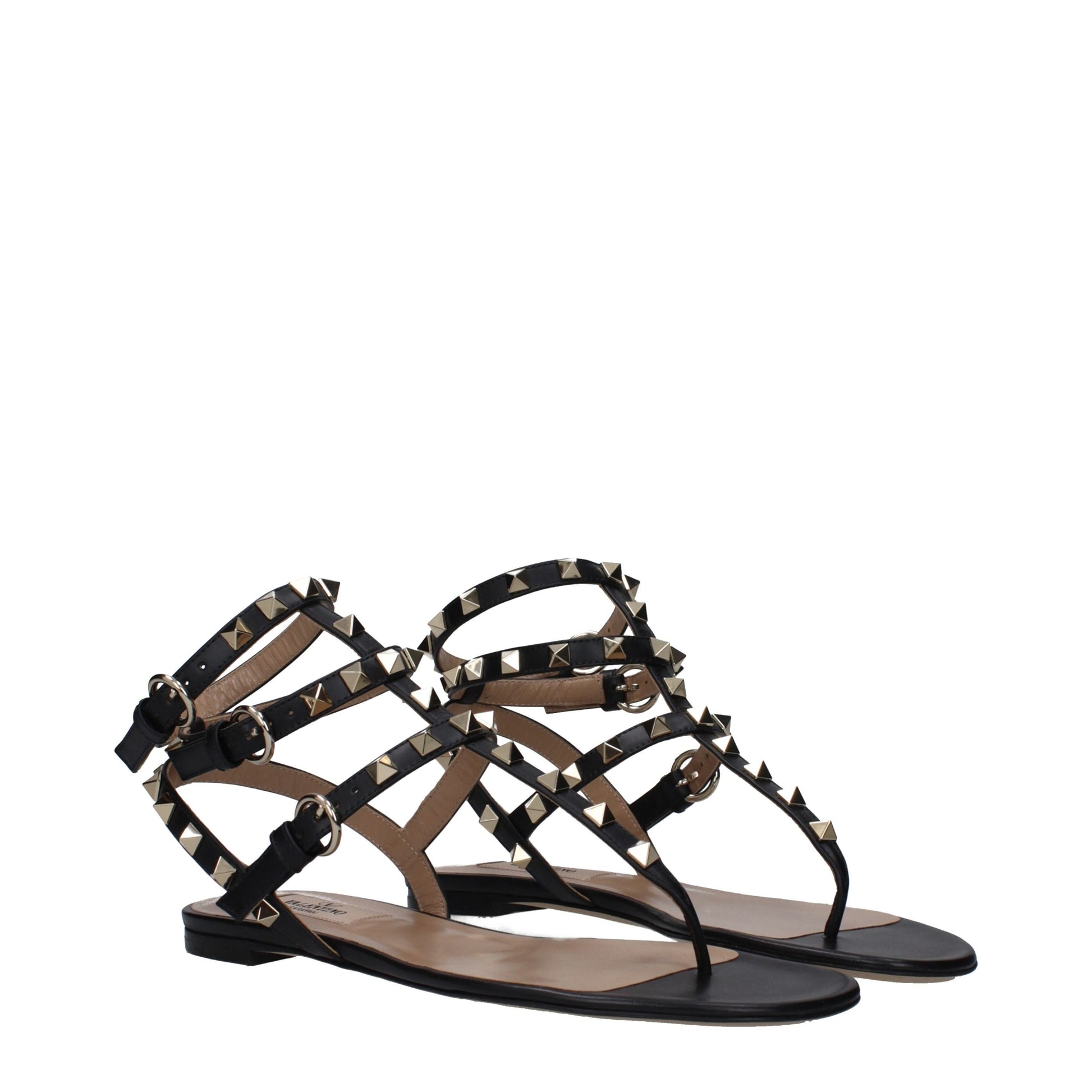 Valentino Garavani Black Leather Gladiator Rockstud Flat Sandals