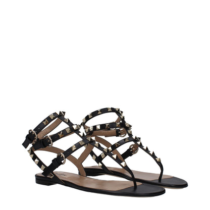 Valentino Garavani Black Leather Gladiator Rockstud Flat Sandals