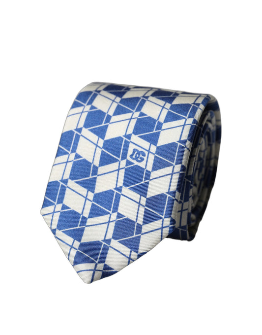 Dolce & Gabbana Blue White Geometric Silk Adjustable Necktie Tie