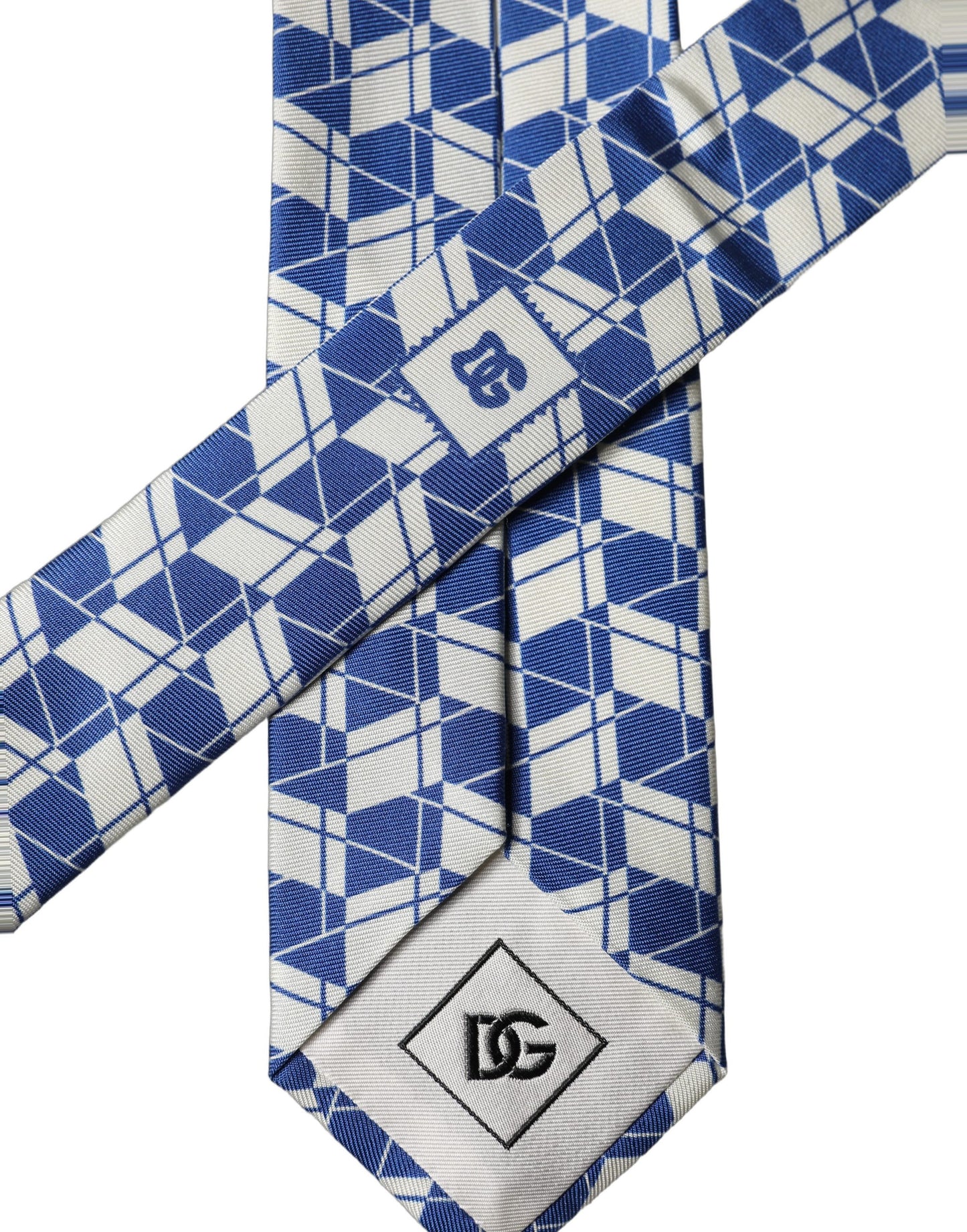 Dolce & Gabbana Blue White Geometric Silk Adjustable Necktie Tie