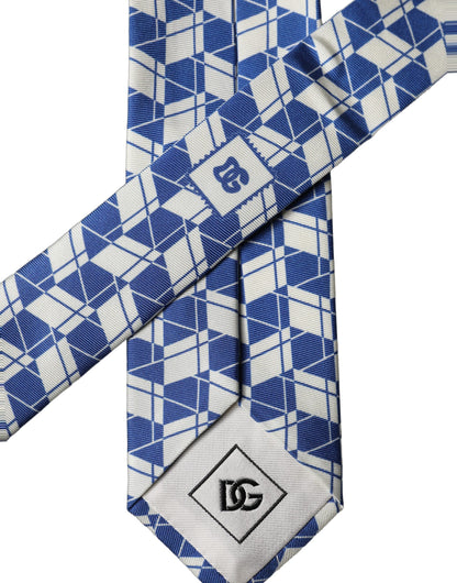 Dolce & Gabbana Blue White Geometric Silk Adjustable Necktie Tie