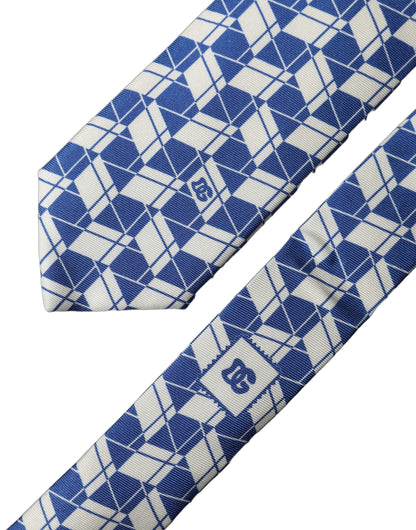 Dolce & Gabbana Blue White Geometric Silk Adjustable Necktie Tie