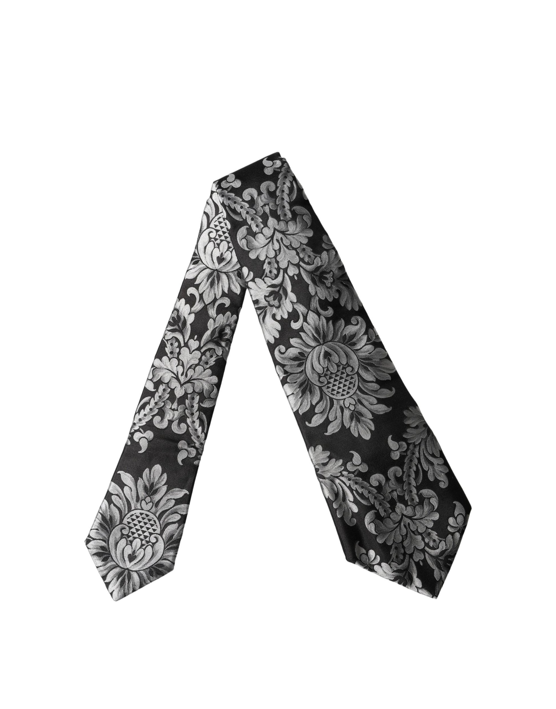 Dolce & Gabbana Black Silver Floral Silk Adjustable Necktie