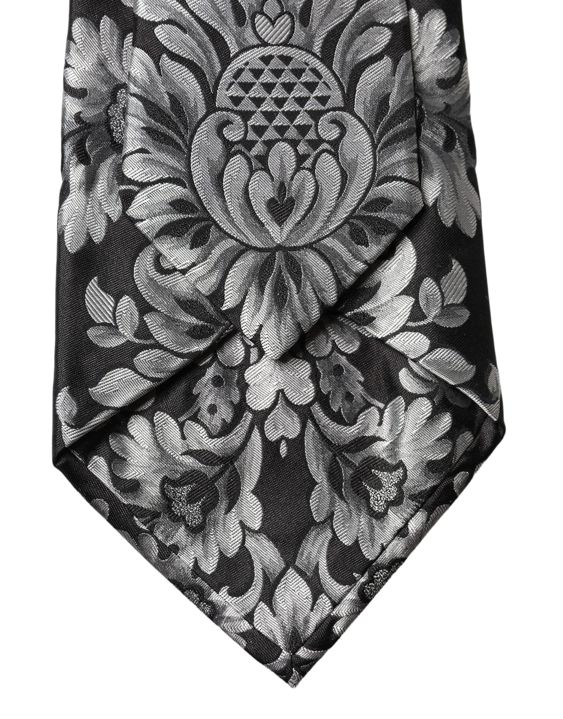 Dolce & Gabbana Black Silver Floral Silk Adjustable Necktie