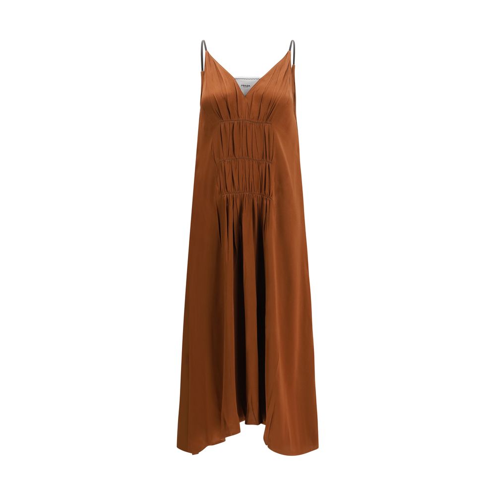 Prada Brown Acetate V-Neck Long Cocktail Dress