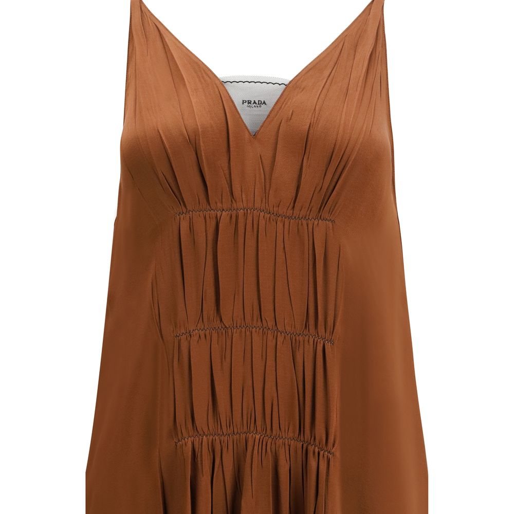 Prada Brown Acetate V-Neck Long Cocktail Dress