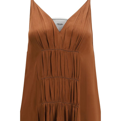 Prada Brown Acetate V-Neck Long Cocktail Dress