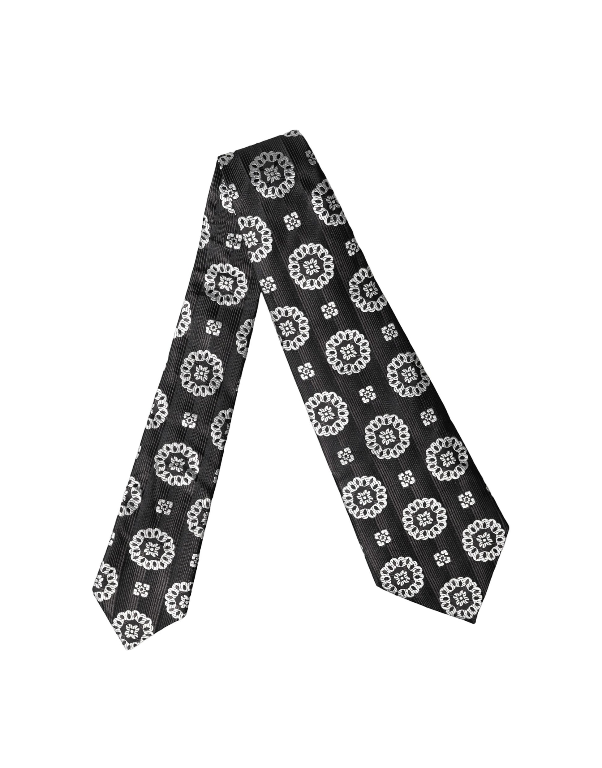 Dolce & Gabbana Black White Floral Silk Adjustable Necktie Tie