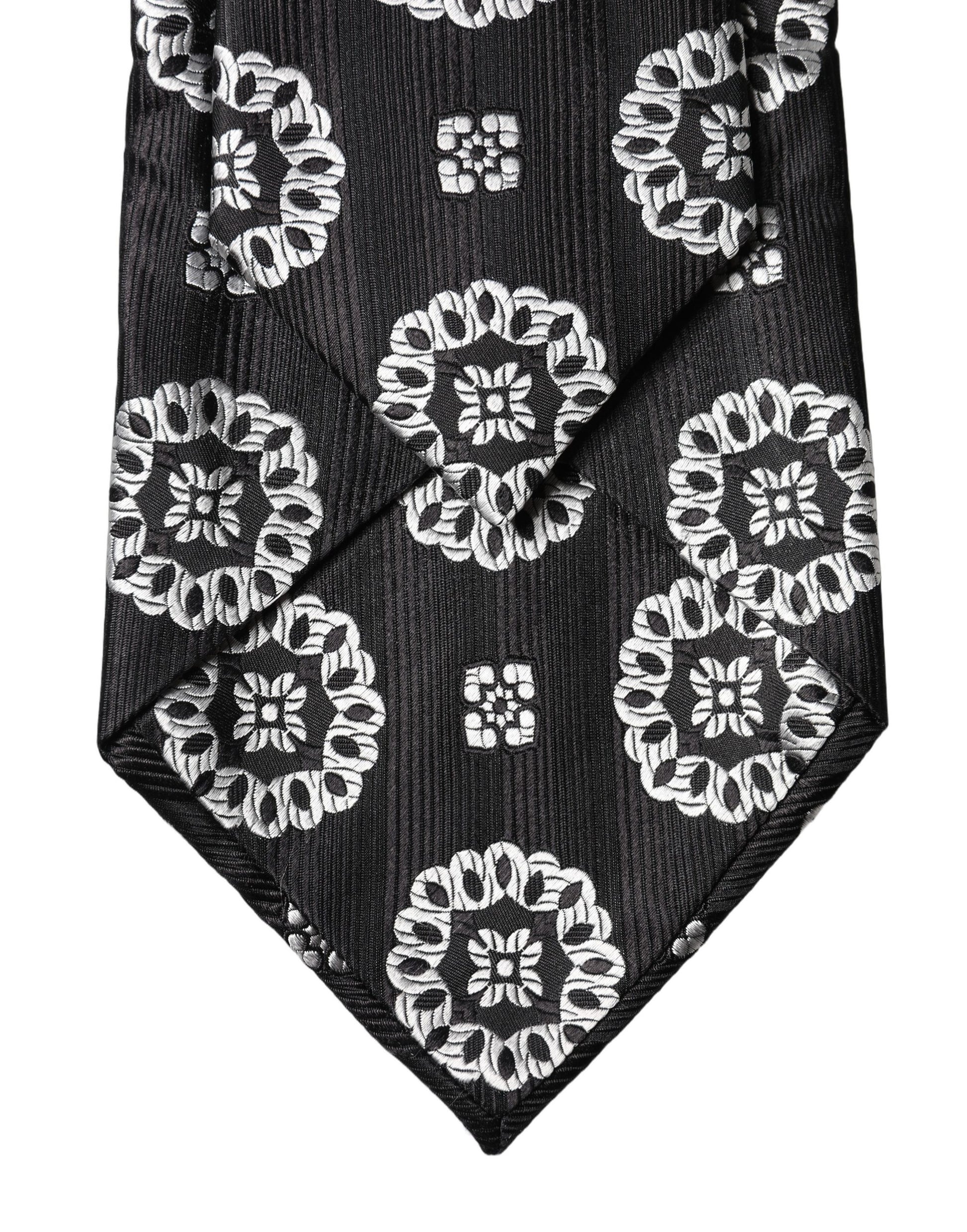 Dolce & Gabbana Black White Floral Silk Adjustable Necktie Tie