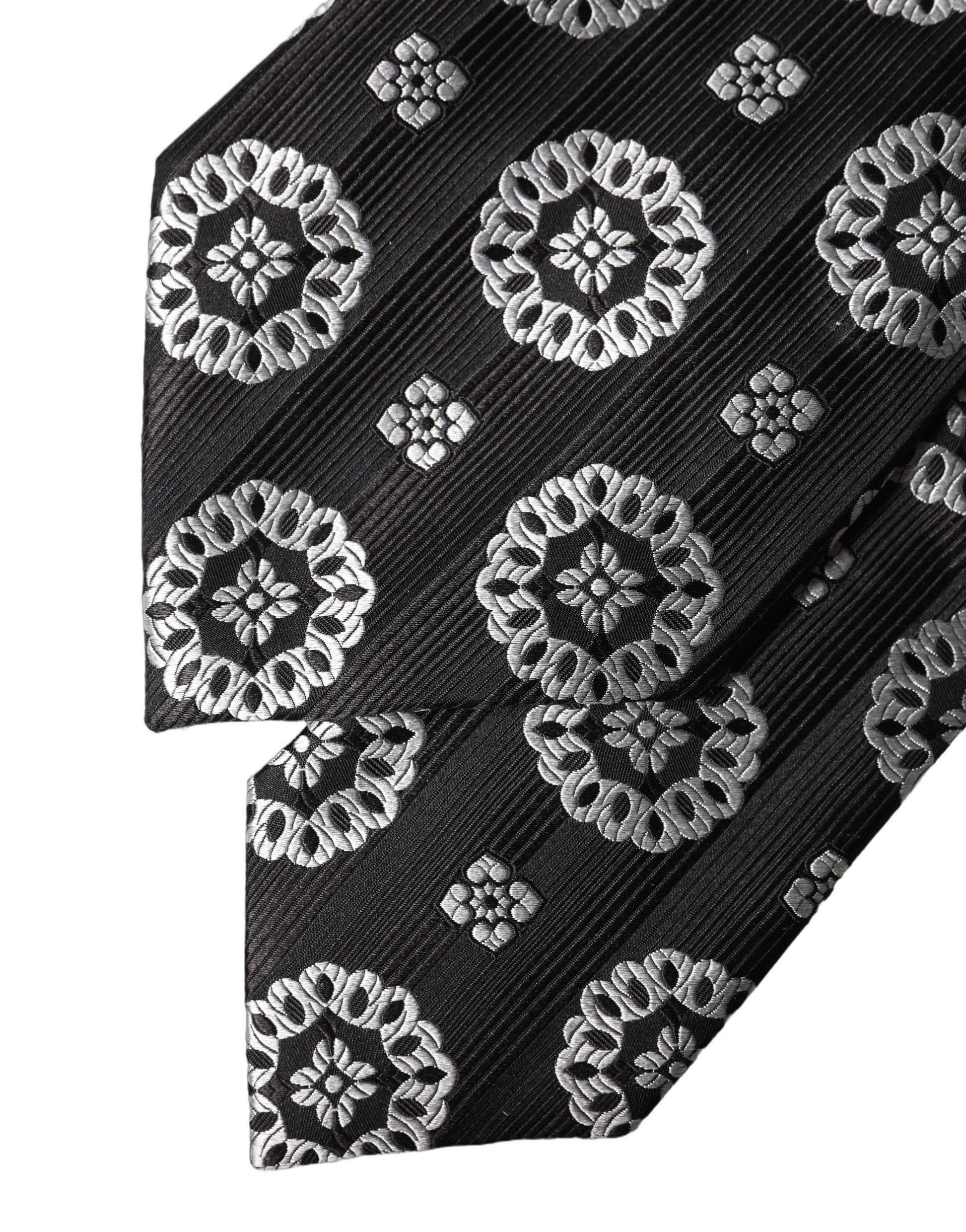 Dolce & Gabbana Black White Floral Silk Adjustable Necktie Tie