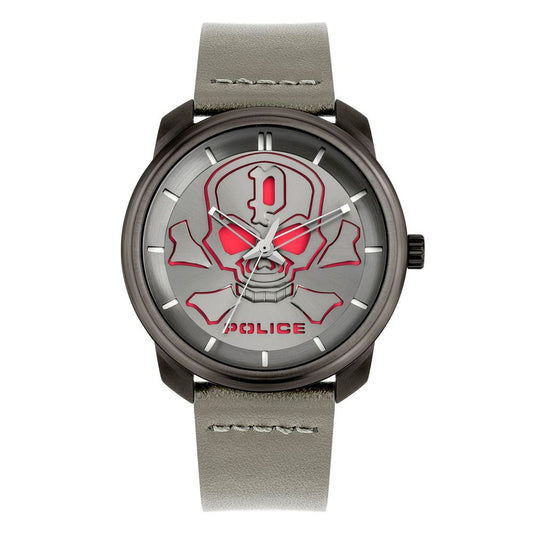 Police Men's Leather Dress Watch - Grey, Red, Skull Dial