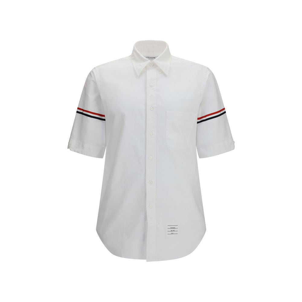 Thom Browne White Cotton Short-Sleeve Shirt with Contrast Stripes