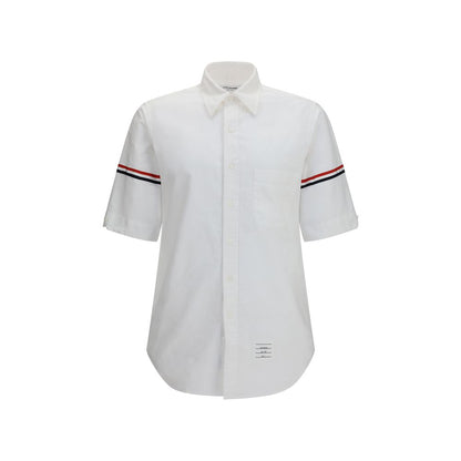 Thom Browne White Cotton Short-Sleeve Shirt with Contrast Stripes