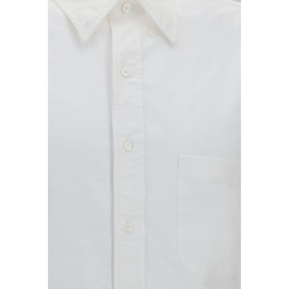 Thom Browne White Cotton Short-Sleeve Shirt with Contrast Stripes