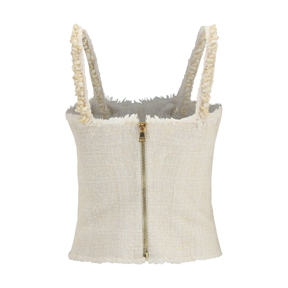 Balmain Beige Tweed Top with Pearl Straps