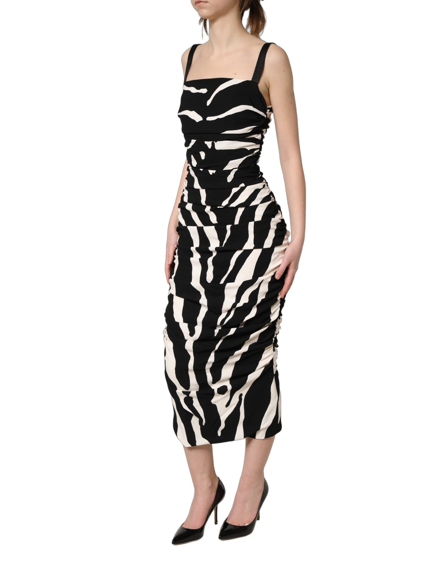 Dolce & Gabbana Black & White Zebra Print Cady Calf Length Dress