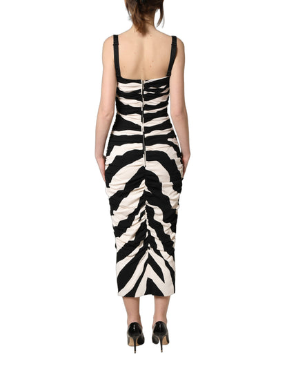 Dolce & Gabbana Black & White Zebra Print Cady Calf Length Dress