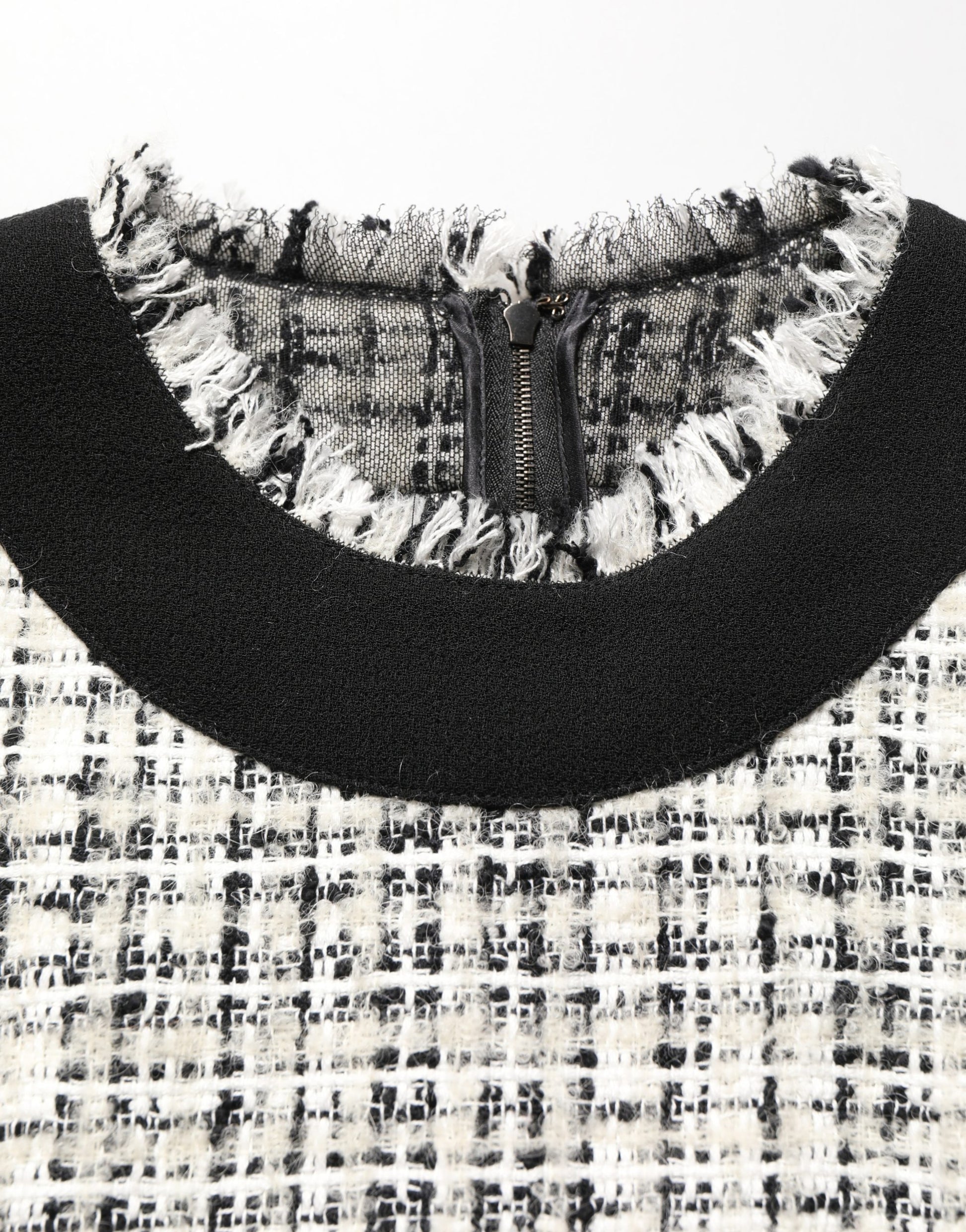 Dolce & Gabbana Black & White Frayed Bouclé-Tweed Midi Dress