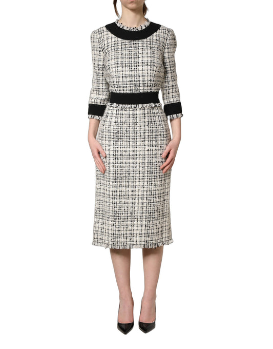 Dolce & Gabbana Black & White Frayed Bouclé-Tweed Midi Dress