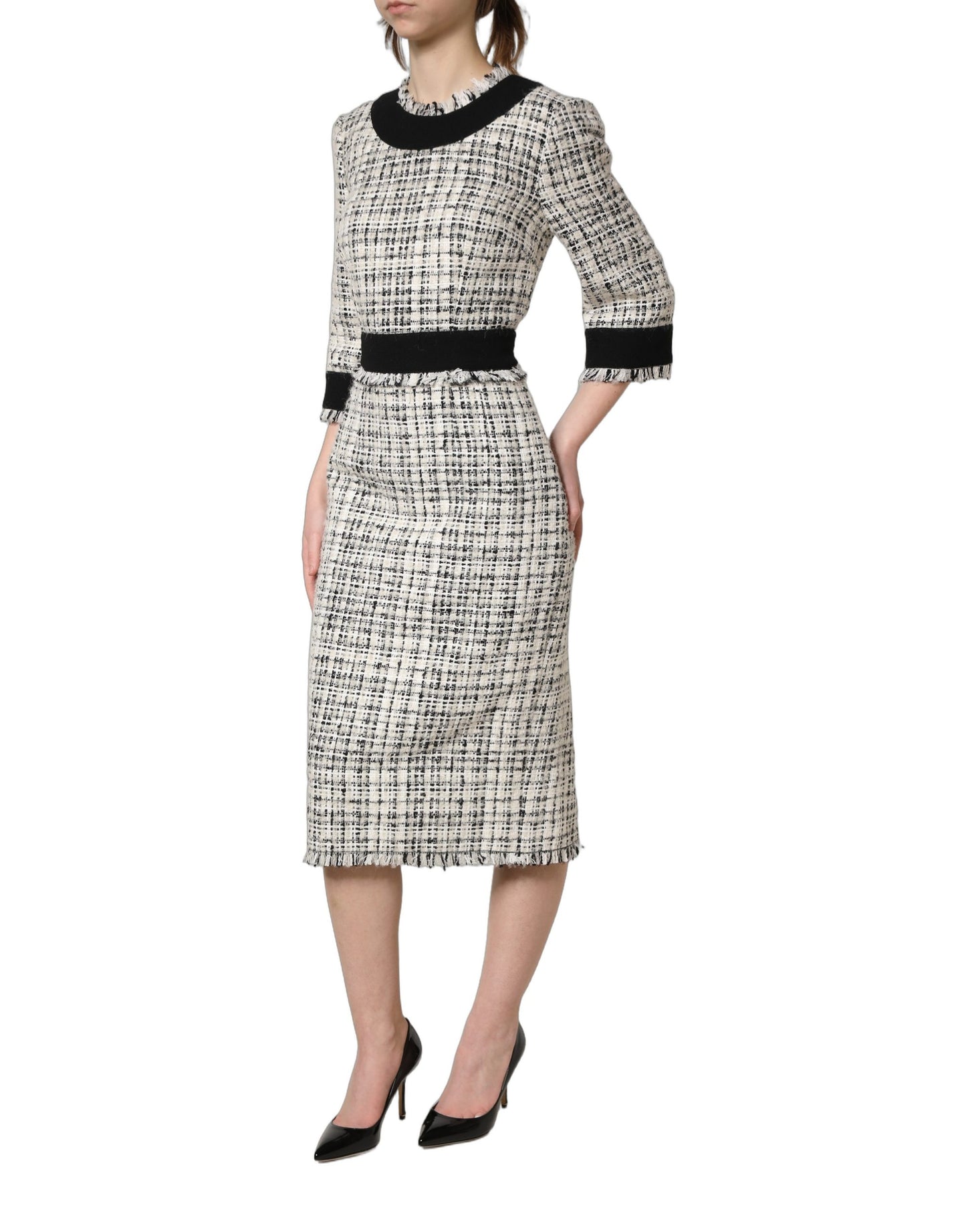 Dolce & Gabbana Black & White Frayed Bouclé-Tweed Midi Dress