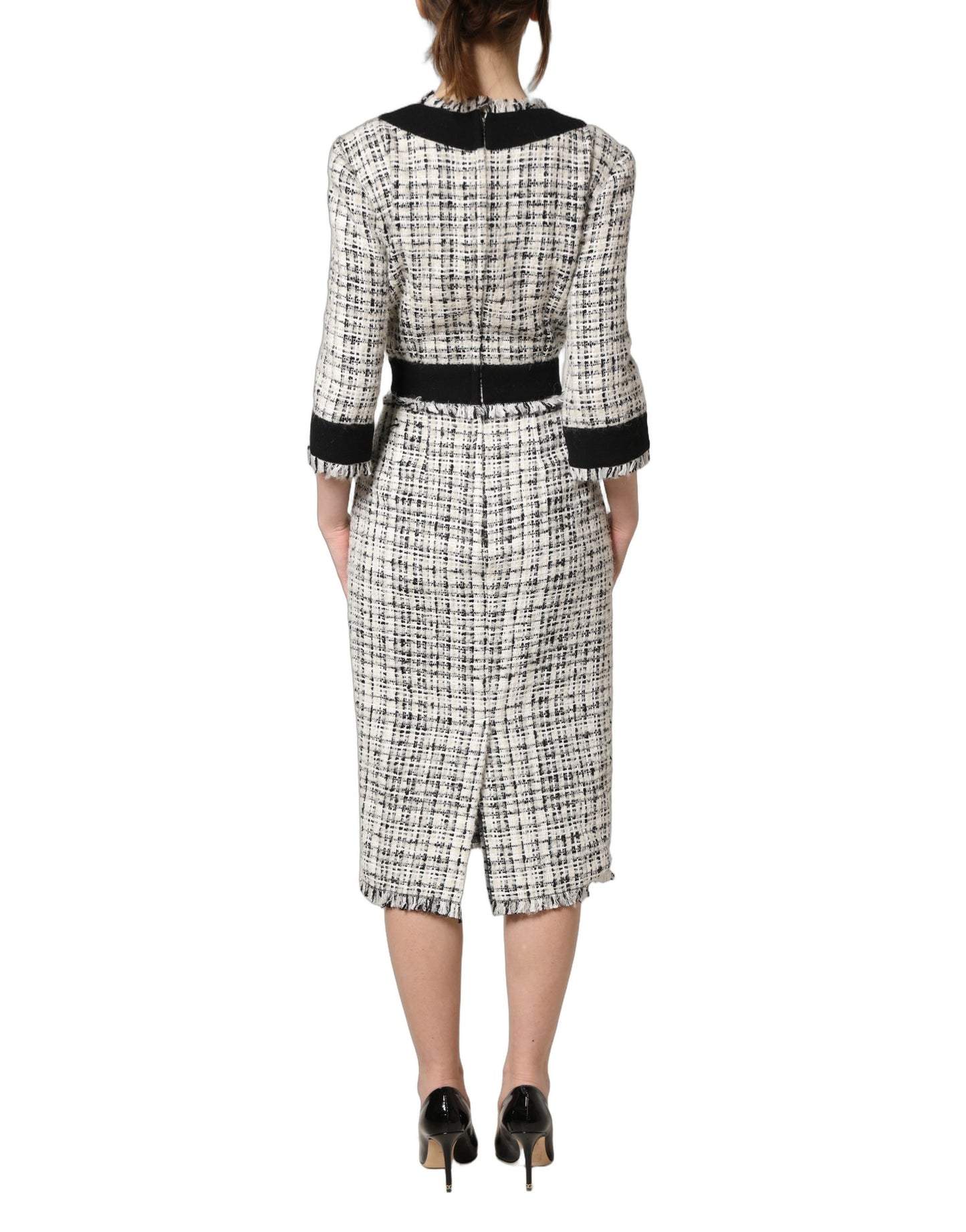 Dolce & Gabbana Black & White Frayed Bouclé-Tweed Midi Dress