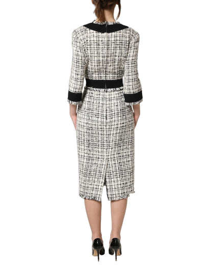Dolce & Gabbana Black & White Frayed Bouclé-Tweed Midi Dress