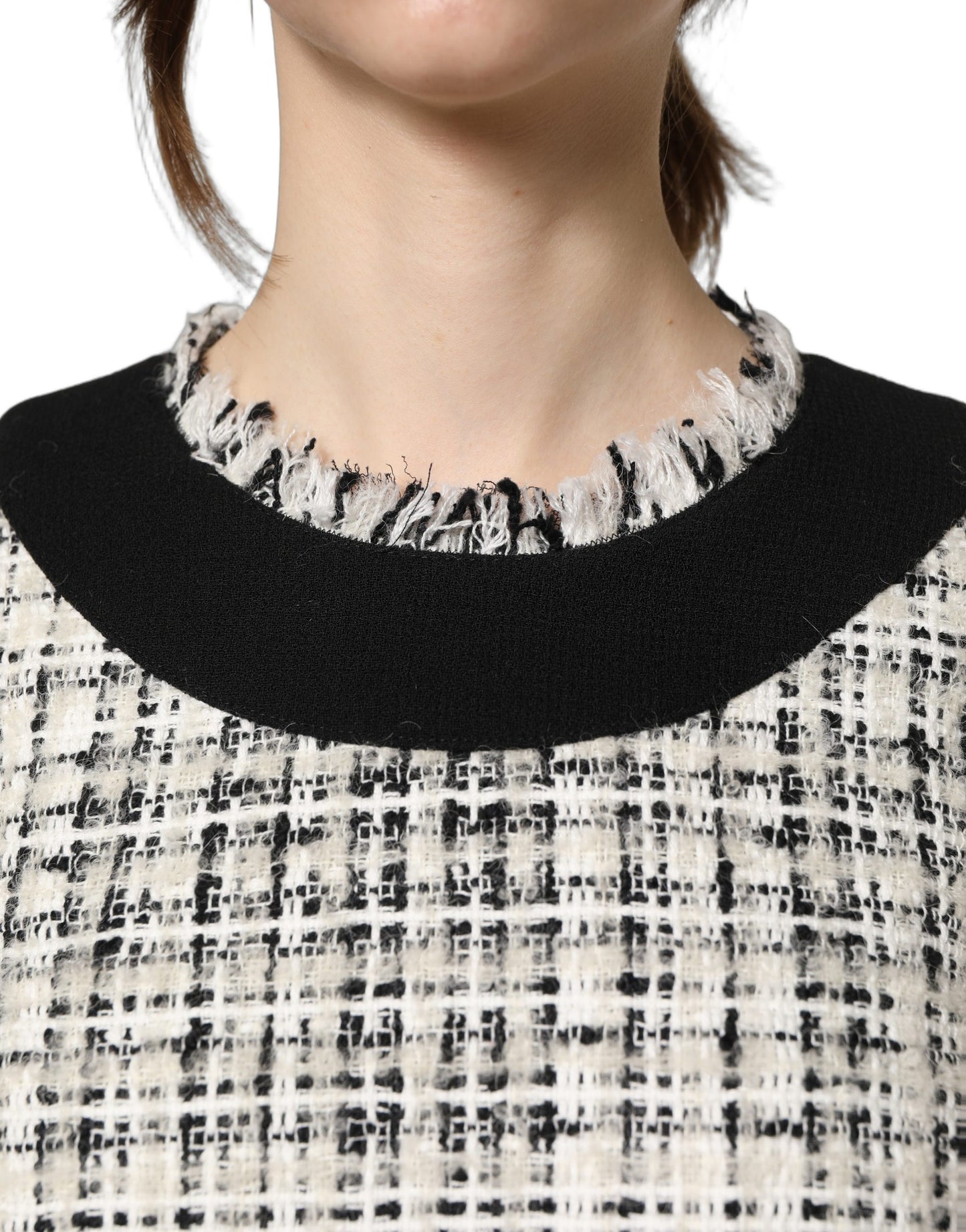 Dolce & Gabbana Black & White Frayed Bouclé-Tweed Midi Dress