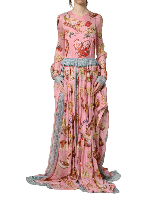 Dolce & Gabbana Light Pink Painterly Food Print Pleated Silk Maxi Dress