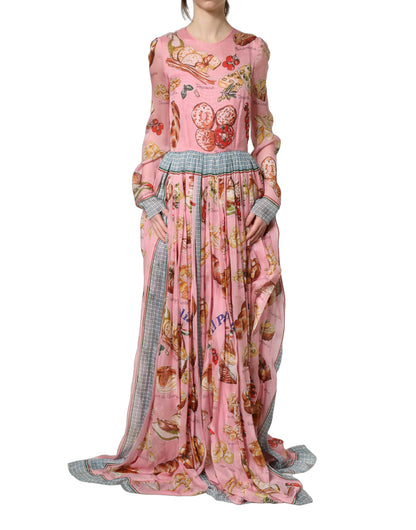 Dolce & Gabbana Light Pink Painterly Food Print Pleated Silk Maxi Dress