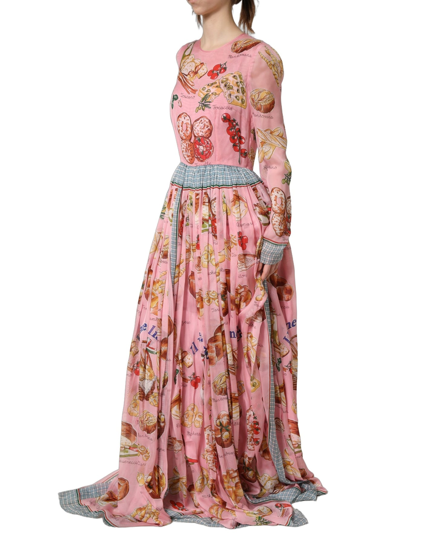 Dolce & Gabbana Light Pink Painterly Food Print Pleated Silk Maxi Dress