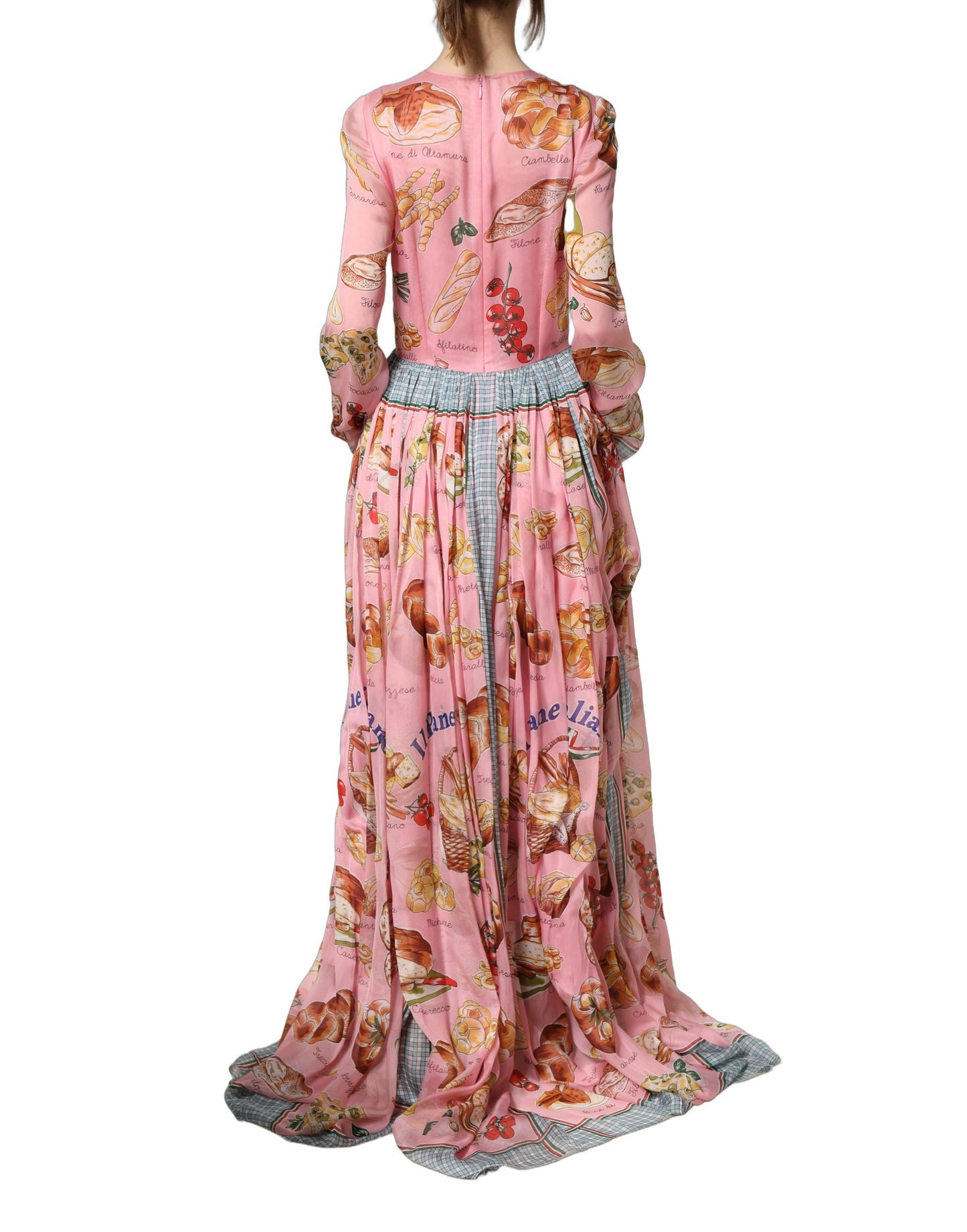 Dolce & Gabbana Light Pink Painterly Food Print Pleated Silk Maxi Dress