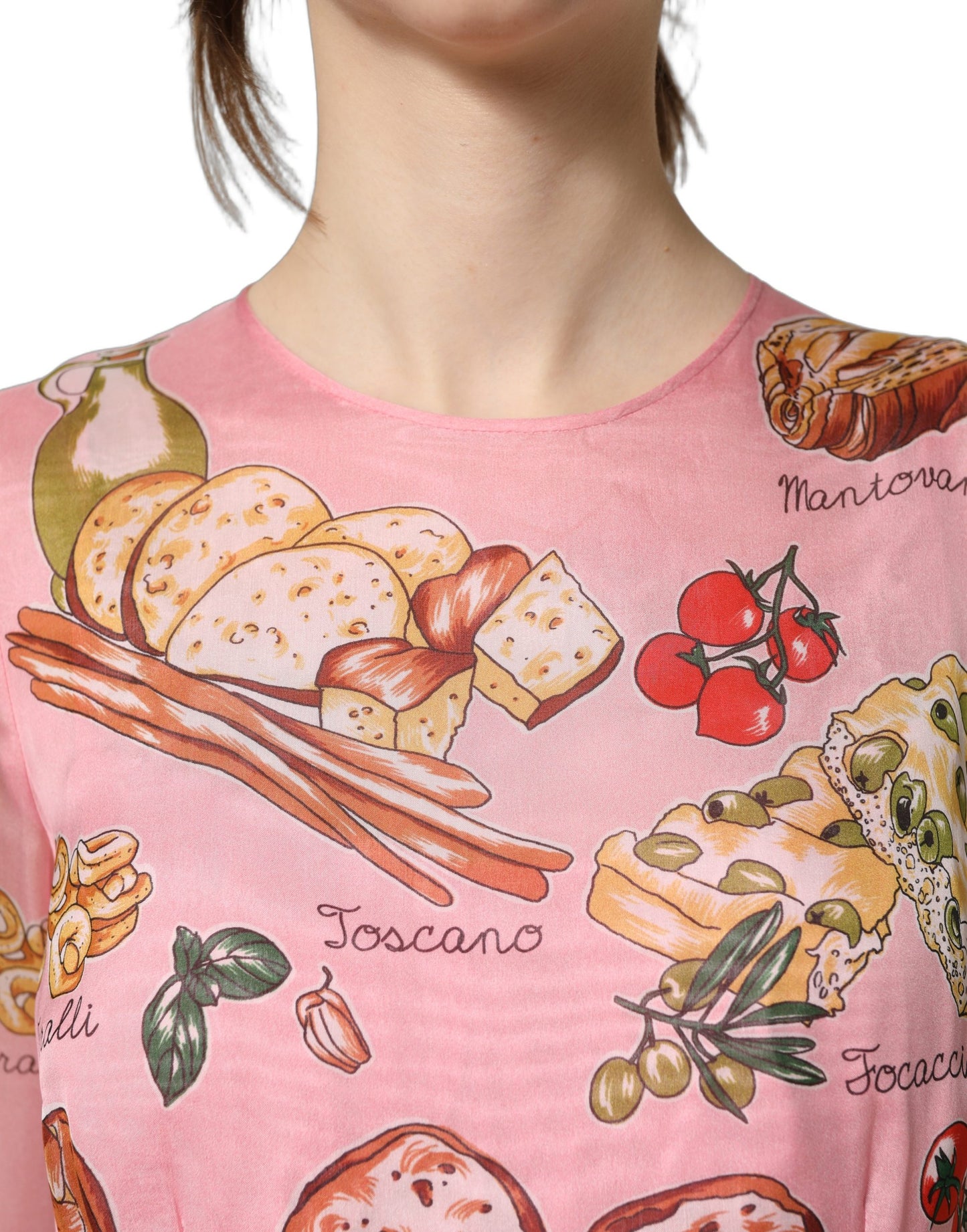 Dolce & Gabbana Light Pink Painterly Food Print Pleated Silk Maxi Dress