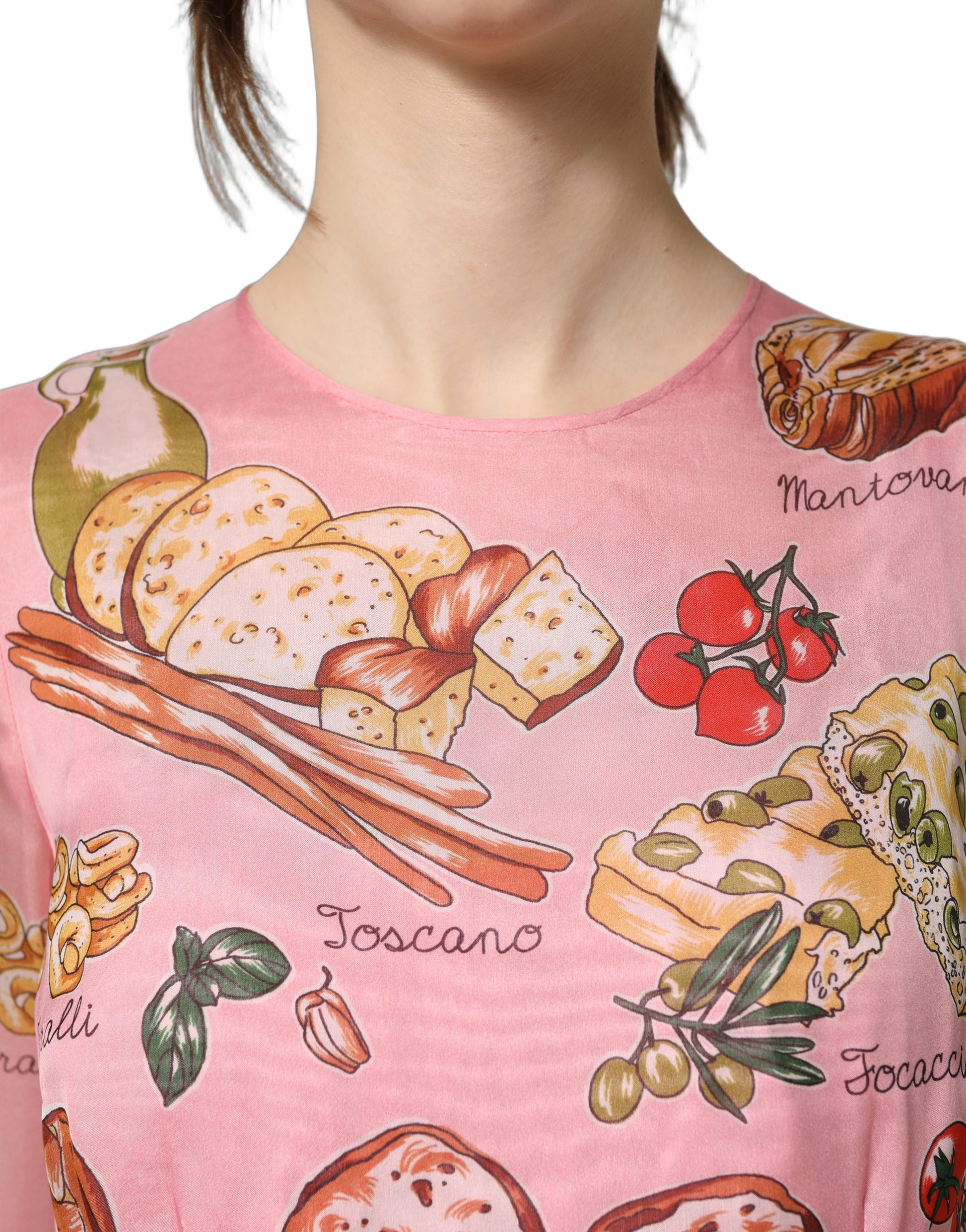 Dolce & Gabbana Light Pink Painterly Food Print Pleated Silk Maxi Dress