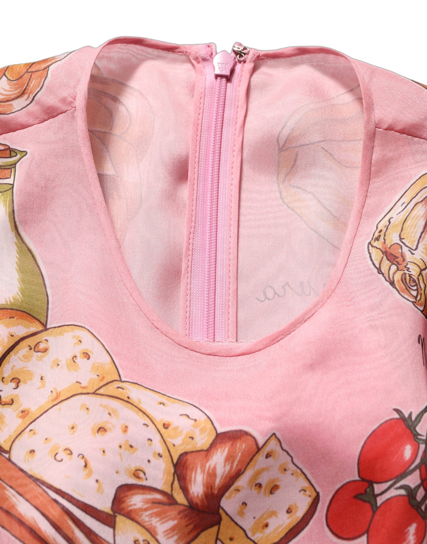 Dolce & Gabbana Light Pink Painterly Food Print Pleated Silk Maxi Dress