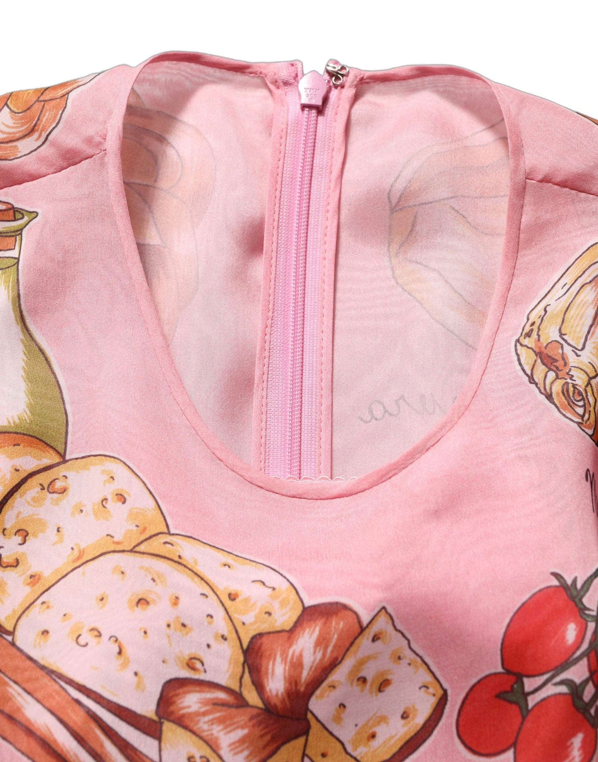 Dolce & Gabbana Light Pink Painterly Food Print Pleated Silk Maxi Dress