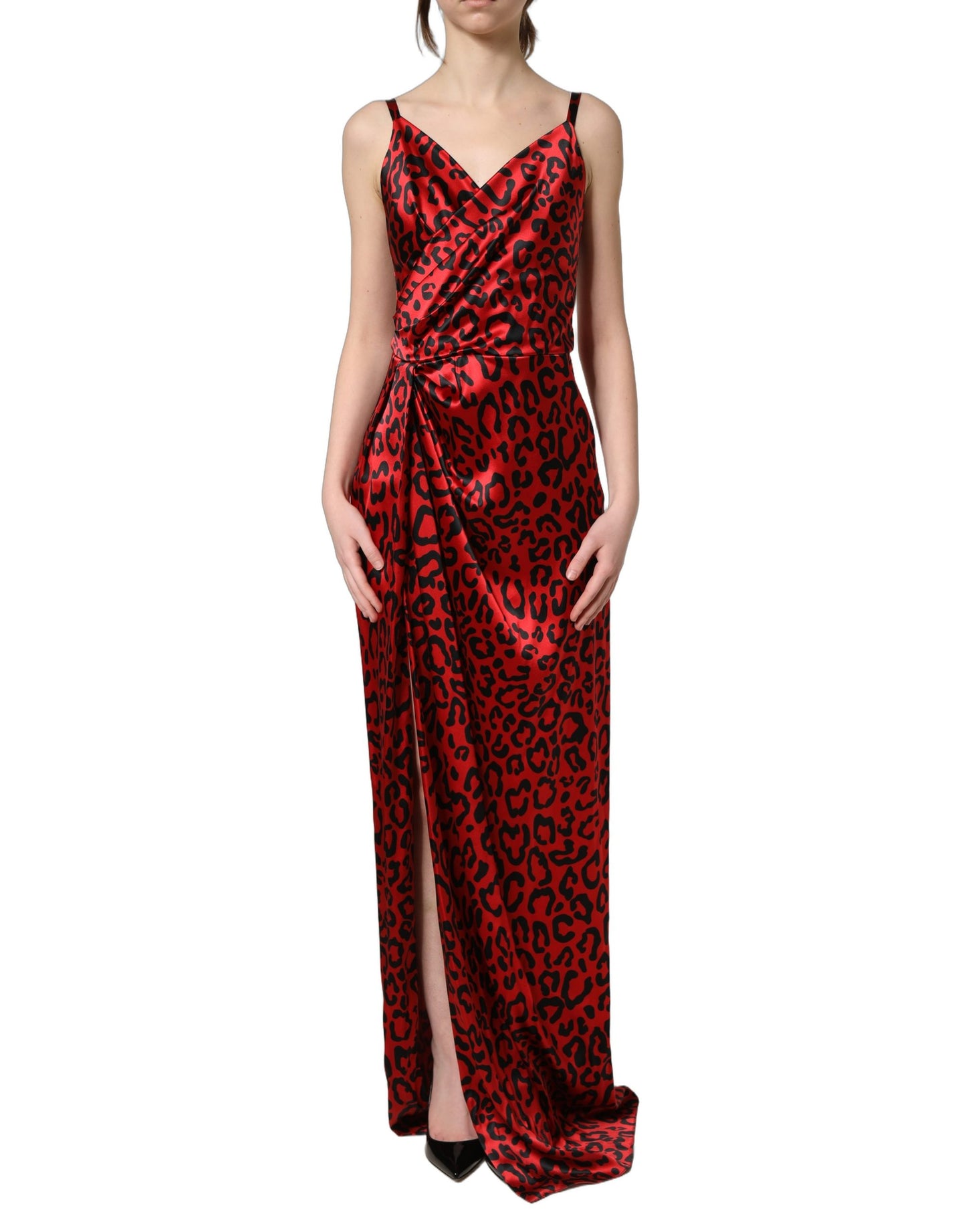 Dolce & Gabbana Red Leopard-Print Draped Silk-Satin Maxi Dress