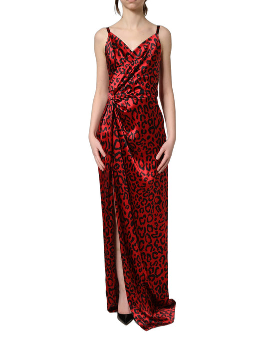 Dolce & Gabbana Red Leopard-Print Draped Silk-Satin Maxi Dress