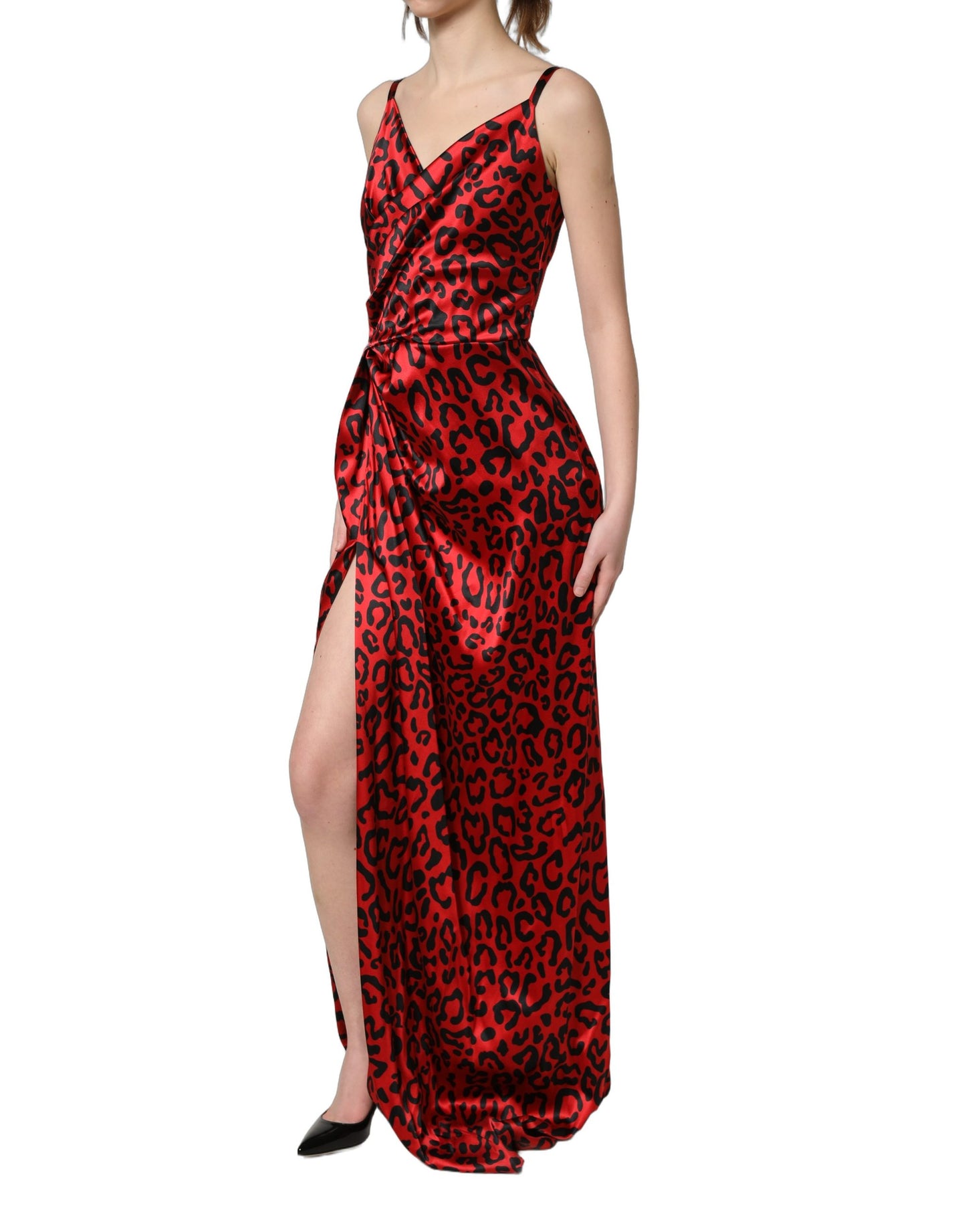 Dolce & Gabbana Red Leopard-Print Draped Silk-Satin Maxi Dress