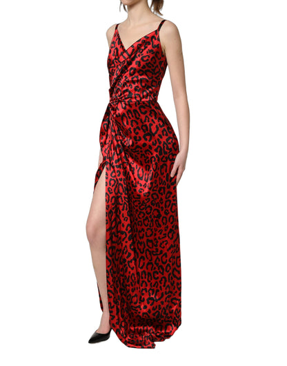 Dolce & Gabbana Red Leopard-Print Draped Silk-Satin Maxi Dress