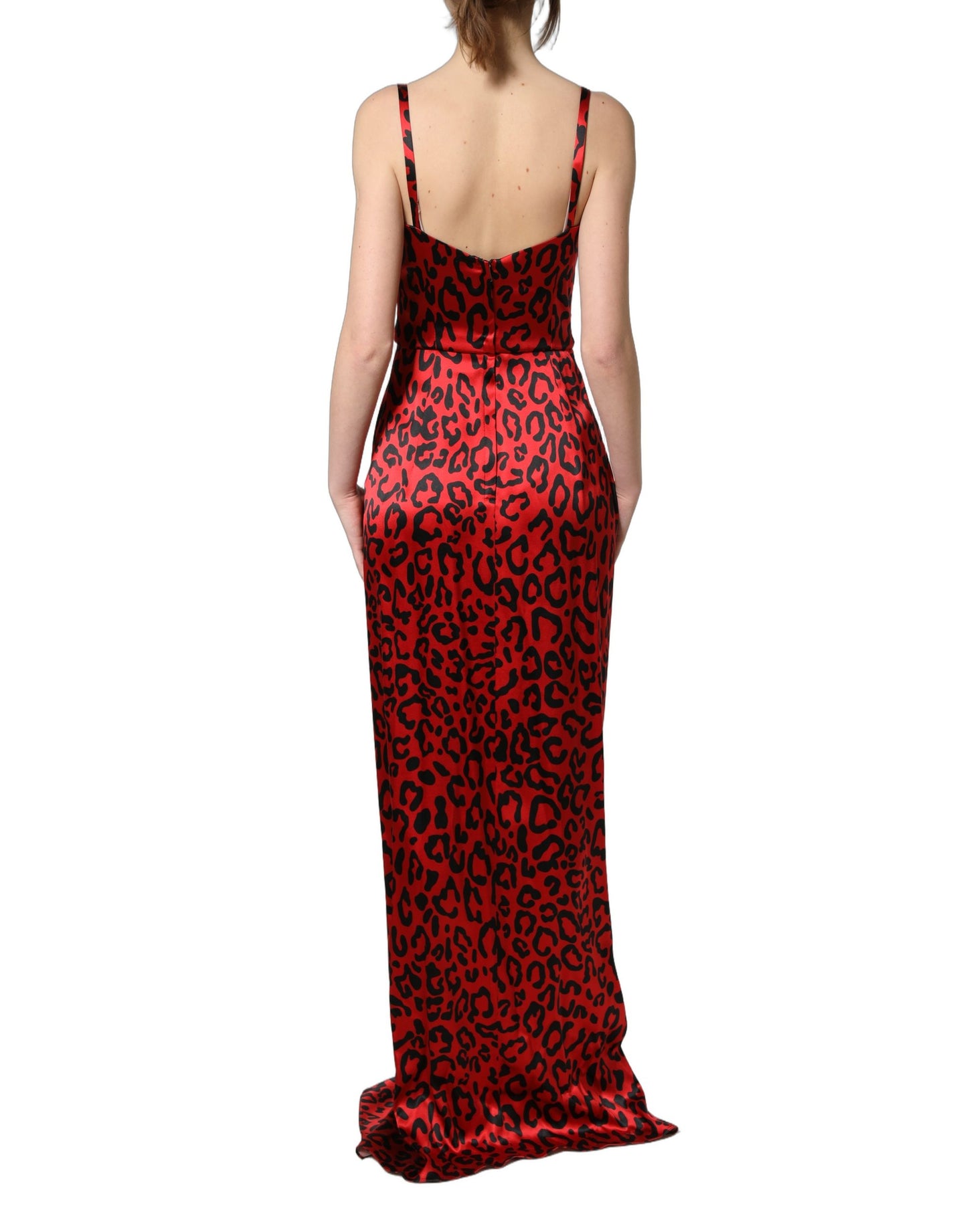 Dolce & Gabbana Red Leopard-Print Draped Silk-Satin Maxi Dress